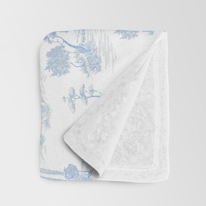 Toile de Jouy French Vintage Baby Blue & White Throw Blanket Gallery Image 3