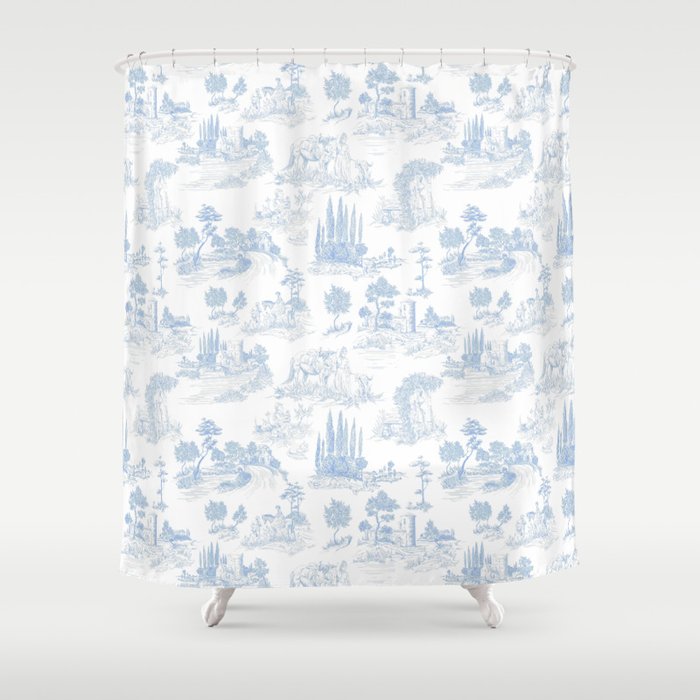 Toile de Jouy French Vintage Baby Blue & White Shower Curtain Gallery Image 1