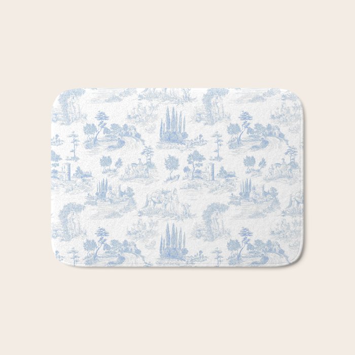 Toile de Jouy French Vintage Baby Blue & White Bath Mat Gallery Image 1