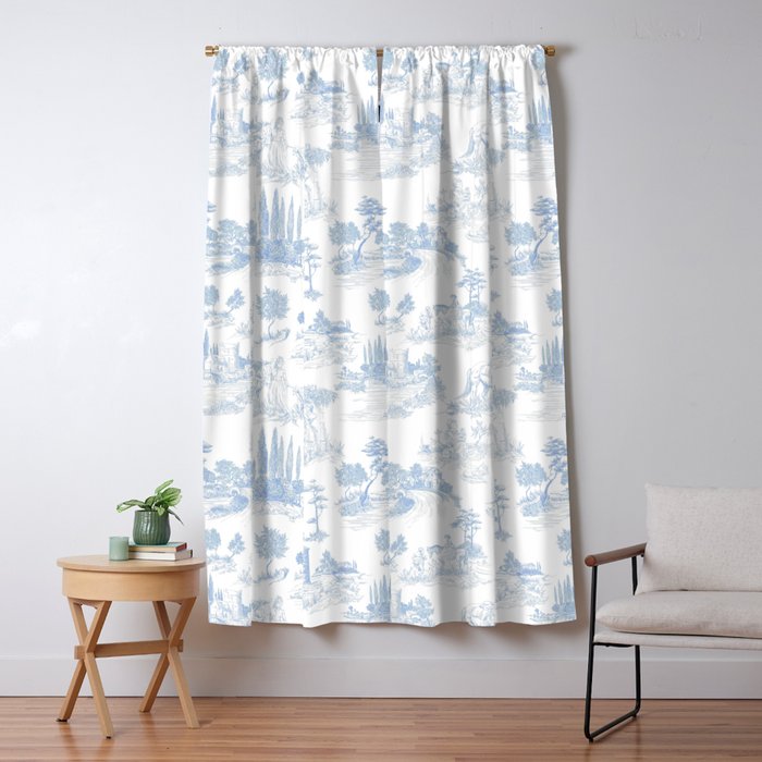 Toile de Jouy French Vintage Baby Blue & White Window Curtain Gallery Image 1