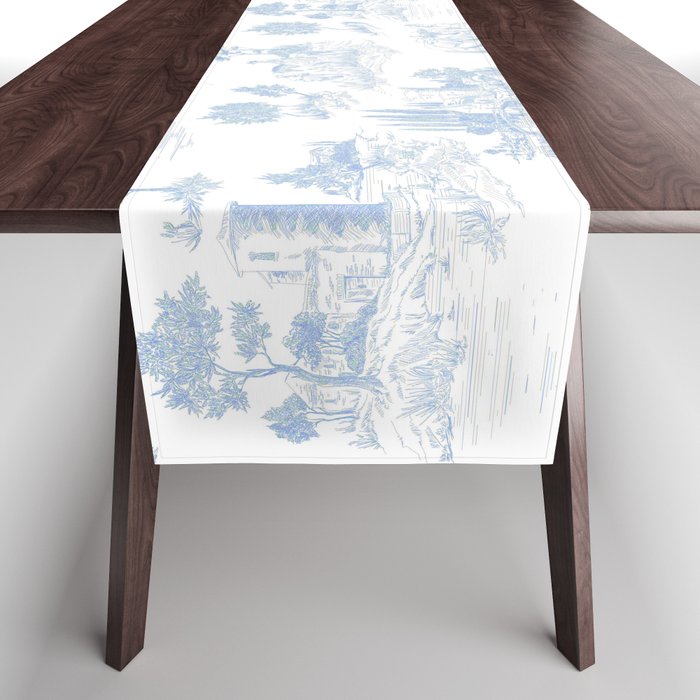 Toile de Jouy French Vintage Baby Blue & White Table Runner Gallery Image 1