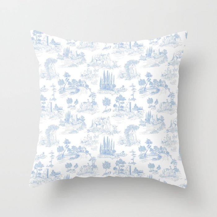 Toile de Jouy French Vintage Baby Blue & White Throw Pillow Gallery Image 1