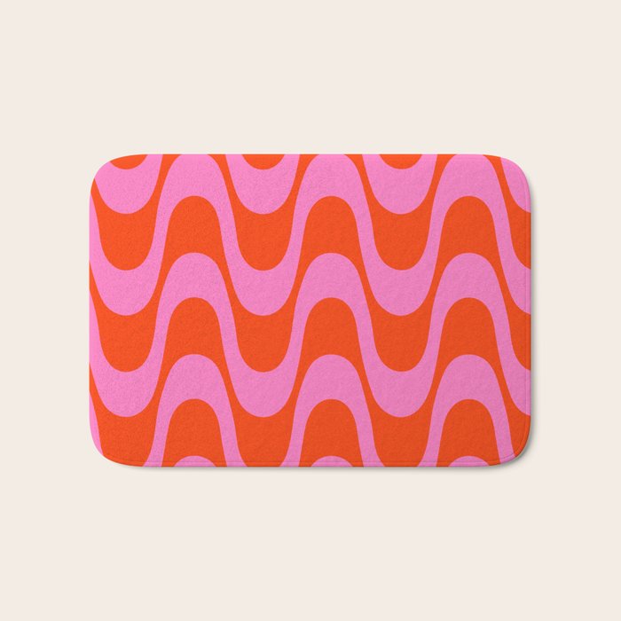 Retro Groovy Waves - Red and Pink Bath Mat Gallery Image 1