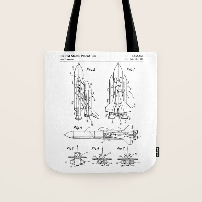 Nasa Space Shuttle Patent - Nasa Shuttle Art - Black And White Tote Bag Gallery Image 1