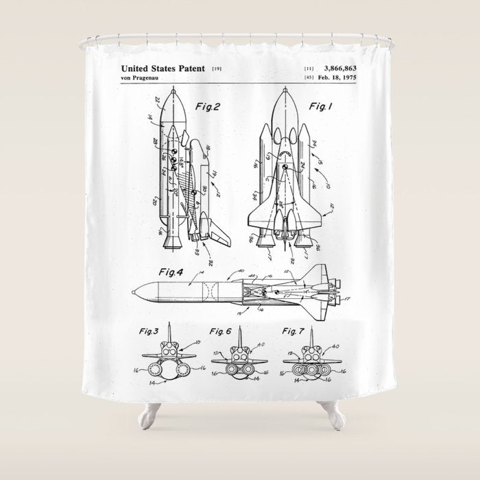 Nasa Space Shuttle Patent - Nasa Shuttle Art - Black And White Shower Curtain Gallery Image 1
