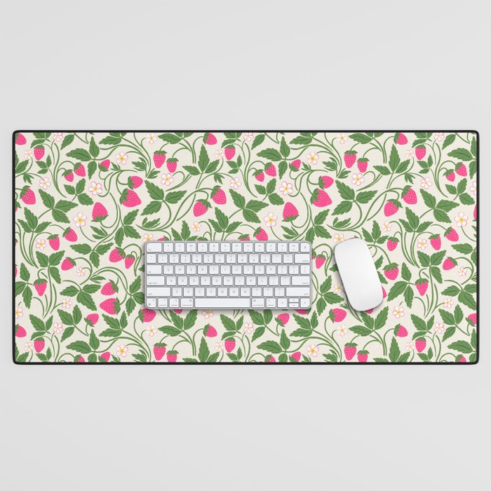 Strawberries - pink and green on alabaster Desk Mat Gallery Image 1