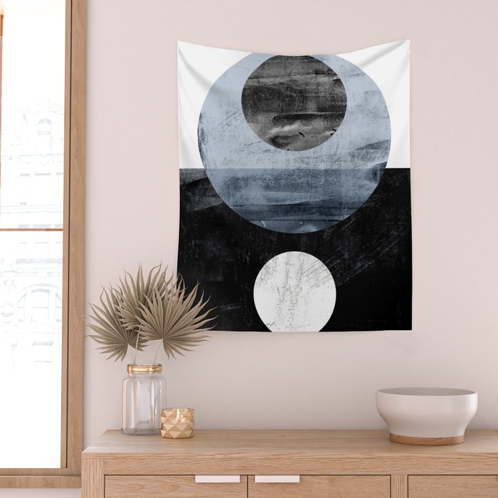 Circles Black and White Geometric Mid-Century Modern Abstract Wall Tapestry Gallery Image 2