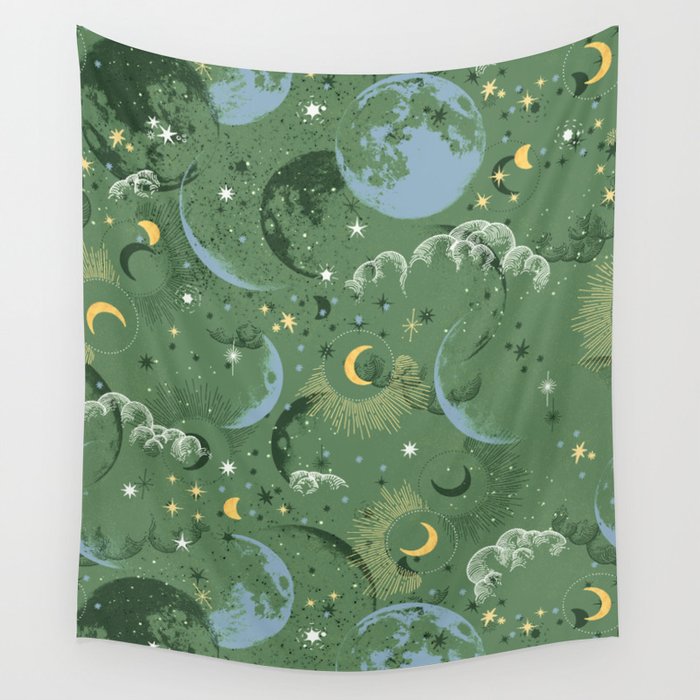 Greenish starry lunar sky Wall Tapestry Gallery Image 4