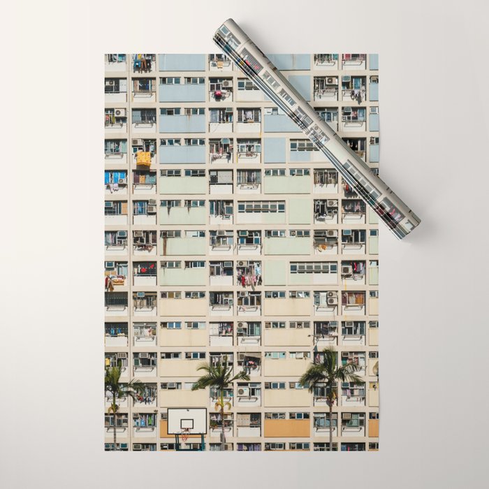 Colorful building Facade in Hong Kong - pastel color - Basketball court, Hongkong Wrapping Paper Gallery Image 1