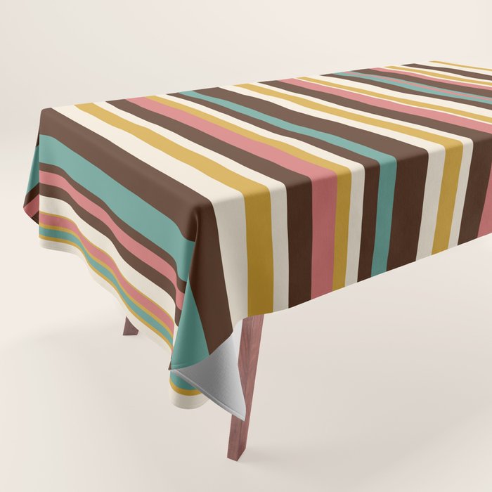 Retro Midcentury Modern Vertical Stripe Pattern Teal Brown Coral Gold Beige Tablecloth Gallery Image 1