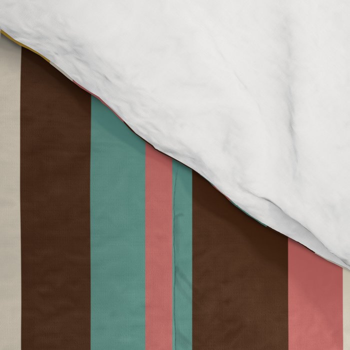 Retro Midcentury Modern Vertical Stripe Pattern Teal Brown Coral Gold Beige Comforter Gallery Image 4
