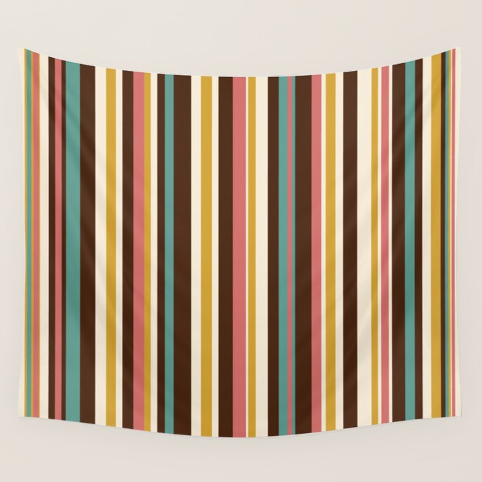 Retro Midcentury Modern Vertical Stripe Pattern Teal Brown Coral Gold Beige Wall Tapestry Gallery Image 1