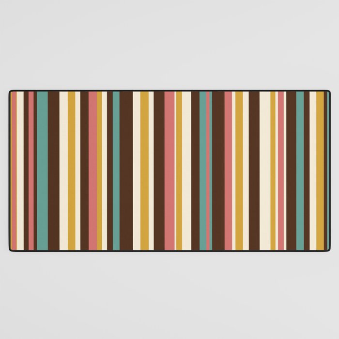 Retro Midcentury Modern Vertical Stripe Pattern Teal Brown Coral Gold Beige Desk Mat Gallery Image 3