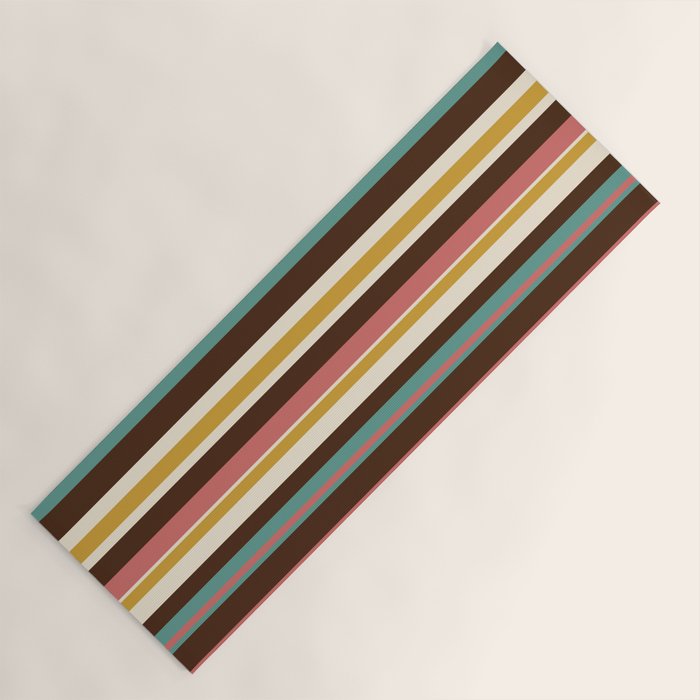 Retro Midcentury Modern Vertical Stripe Pattern Teal Brown Coral Gold Beige Yoga Mat Gallery Image 1