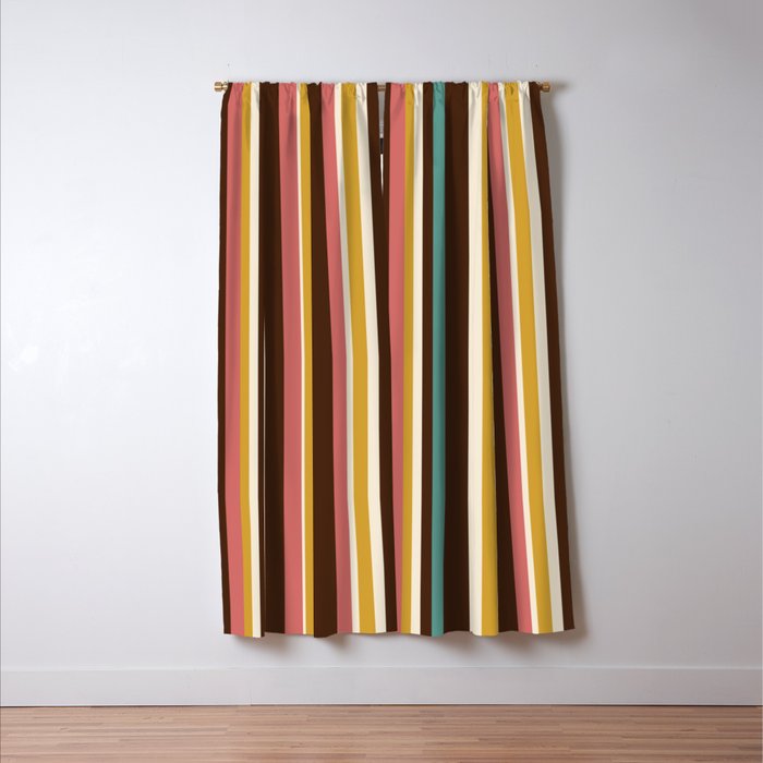 Retro Midcentury Modern Vertical Stripe Pattern Teal Brown Coral Gold Beige Window Curtain Gallery Image 3
