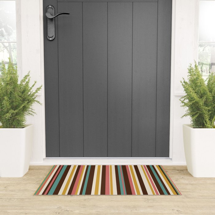 Retro Midcentury Modern Vertical Stripe Pattern Teal Brown Coral Gold Beige Welcome Mat Gallery Image 3