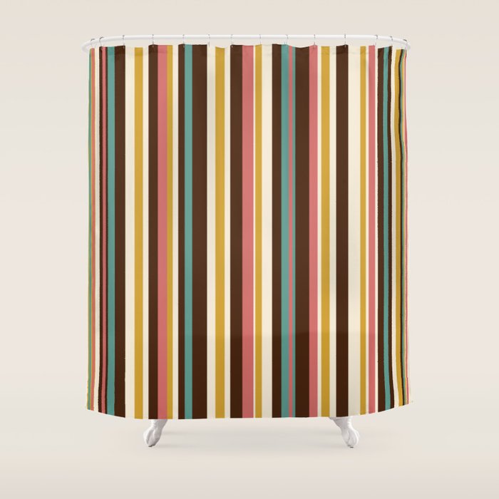 Retro Midcentury Modern Vertical Stripe Pattern Teal Brown Coral Gold Beige Shower Curtain Gallery Image 1