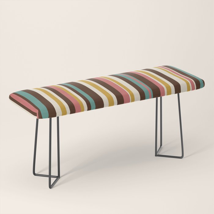Retro Midcentury Modern Vertical Stripe Pattern Teal Brown Coral Gold Beige Bench Gallery Image 1