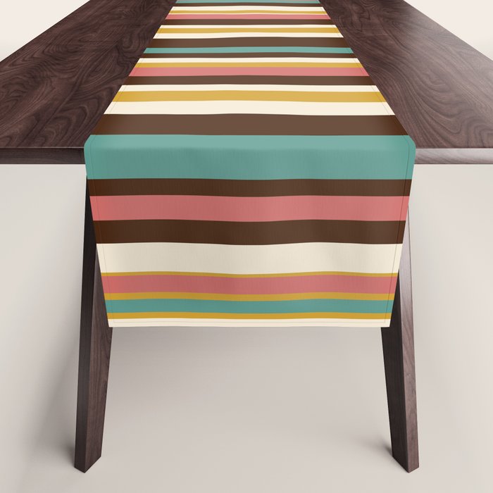 Retro Midcentury Modern Vertical Stripe Pattern Teal Brown Coral Gold Beige Table Runner Gallery Image 1