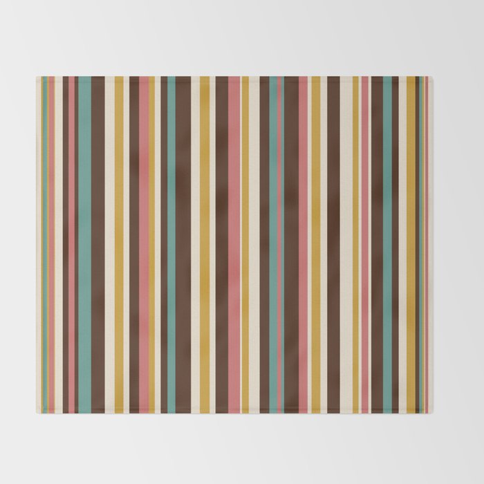 Retro Midcentury Modern Vertical Stripe Pattern Teal Brown Coral Gold Beige Throw Blanket Gallery Image 2