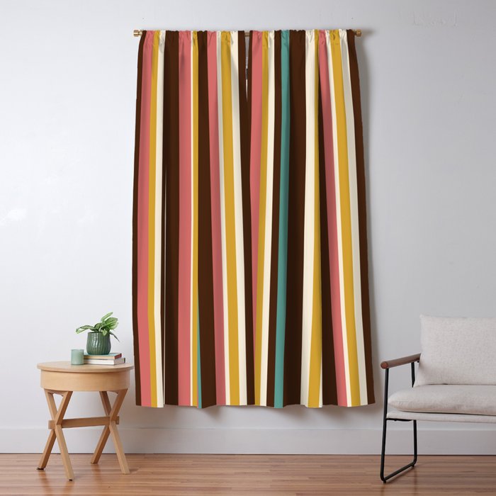 Retro Midcentury Modern Vertical Stripe Pattern Teal Brown Coral Gold Beige Window Curtain Gallery Image 5