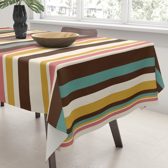 Retro Midcentury Modern Vertical Stripe Pattern Teal Brown Coral Gold Beige Tablecloth Gallery Image 3