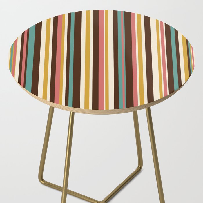 Retro Midcentury Modern Vertical Stripe Pattern Teal Brown Coral Gold Beige Side Table Gallery Image 2