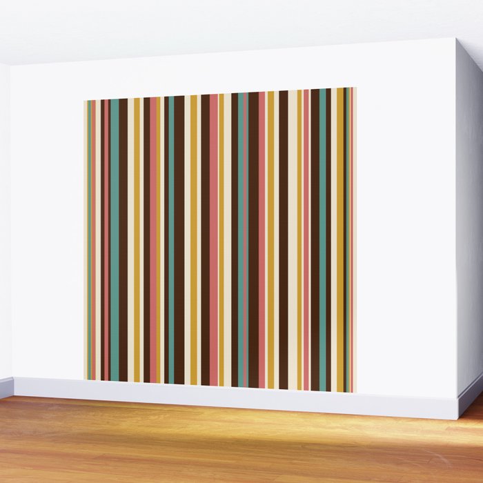 Retro Midcentury Modern Vertical Stripe Pattern Teal Brown Coral Gold Beige Wall Mural Gallery Image 2