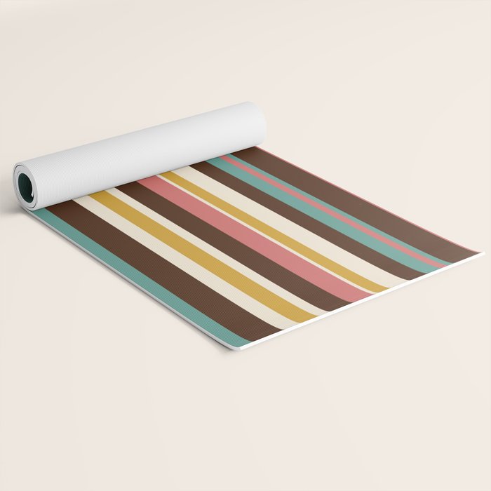 Retro Midcentury Modern Vertical Stripe Pattern Teal Brown Coral Gold Beige Yoga Mat Gallery Image 2