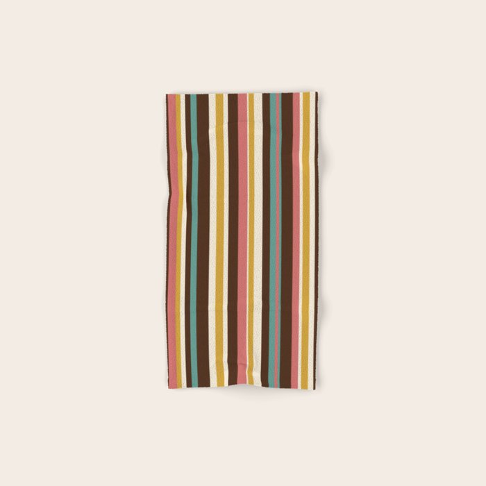 Retro Midcentury Modern Vertical Stripe Pattern Teal Brown Coral Gold Beige Bath Towel Gallery Image 1