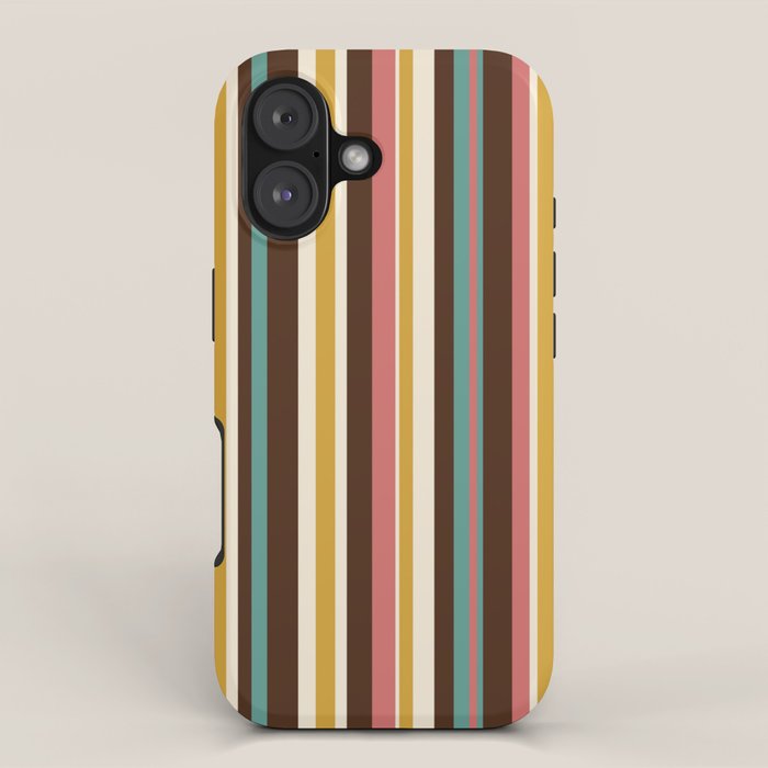 Retro Midcentury Modern Vertical Stripe Pattern Teal Brown Coral Gold Beige iPhone Case Gallery Image 1