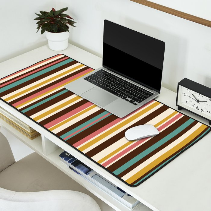 Retro Midcentury Modern Vertical Stripe Pattern Teal Brown Coral Gold Beige Desk Mat Gallery Image 2