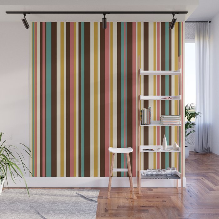 Retro Midcentury Modern Vertical Stripe Pattern Teal Brown Coral Gold Beige Wall Mural Gallery Image 1