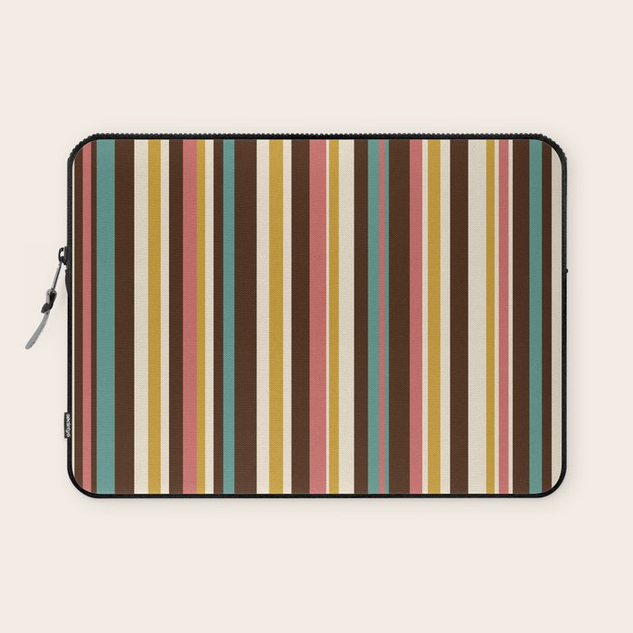 Retro Midcentury Modern Vertical Stripe Pattern Teal Brown Coral Gold Beige Laptop Sleeve Gallery Image 1