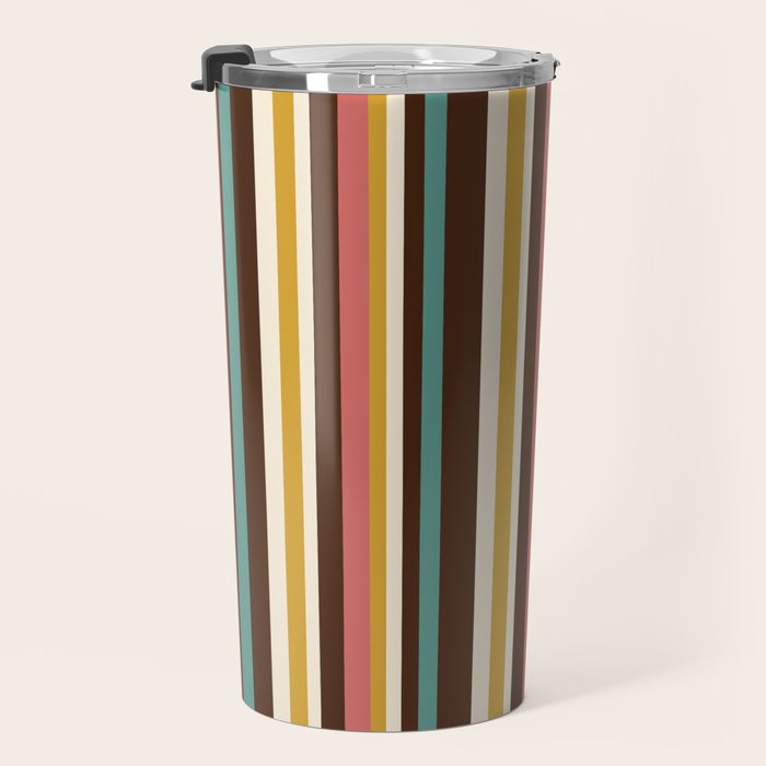 Retro Midcentury Modern Vertical Stripe Pattern Teal Brown Coral Gold Beige Travel Mug Gallery Image 3