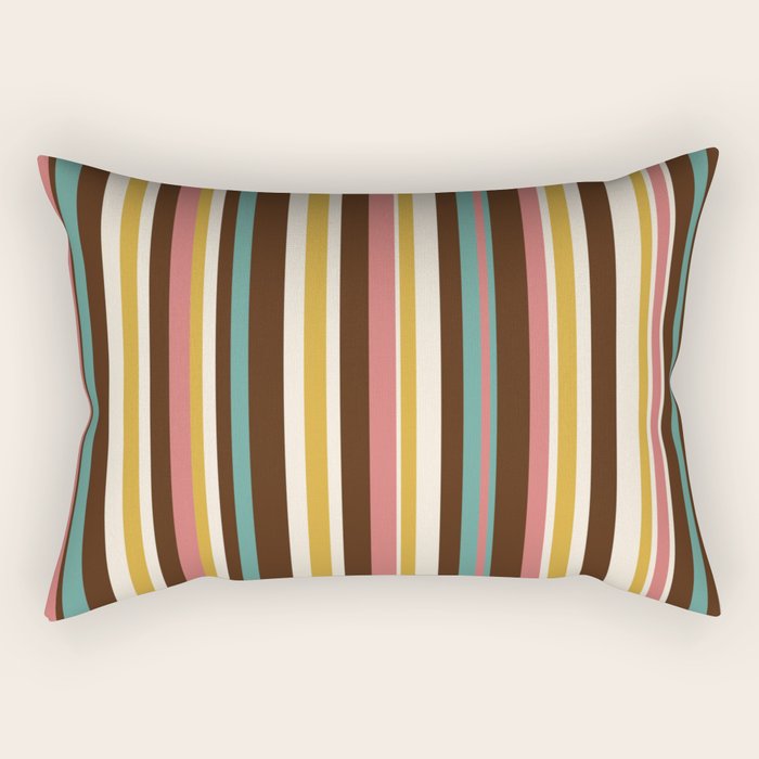 Retro Midcentury Modern Vertical Stripe Pattern Teal Brown Coral Gold Beige Rectangular Pillow Gallery Image 1