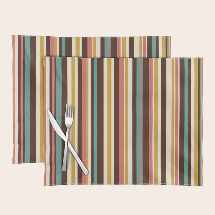 Retro Midcentury Modern Vertical Stripe Pattern Teal Brown Coral Gold Beige Placemat Gallery Image 1