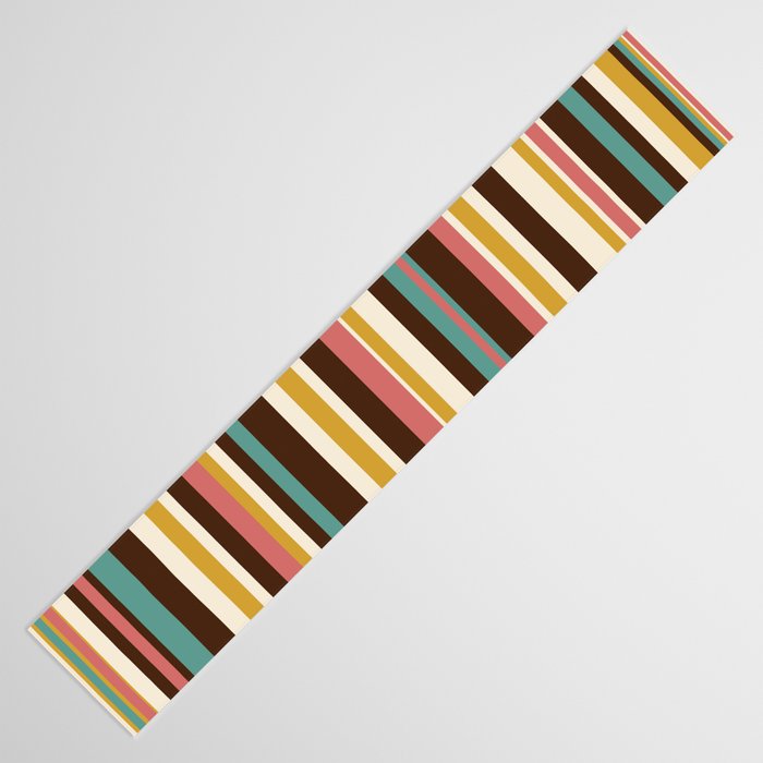 Retro Midcentury Modern Vertical Stripe Pattern Teal Brown Coral Gold Beige Table Runner Gallery Image 3