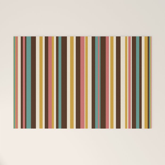 Retro Midcentury Modern Vertical Stripe Pattern Teal Brown Coral Gold Beige Welcome Mat Gallery Image 1