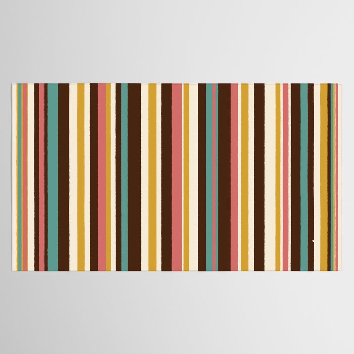 Retro Midcentury Modern Vertical Stripe Pattern Teal Brown Coral Gold Beige Tablecloth Gallery Image 2