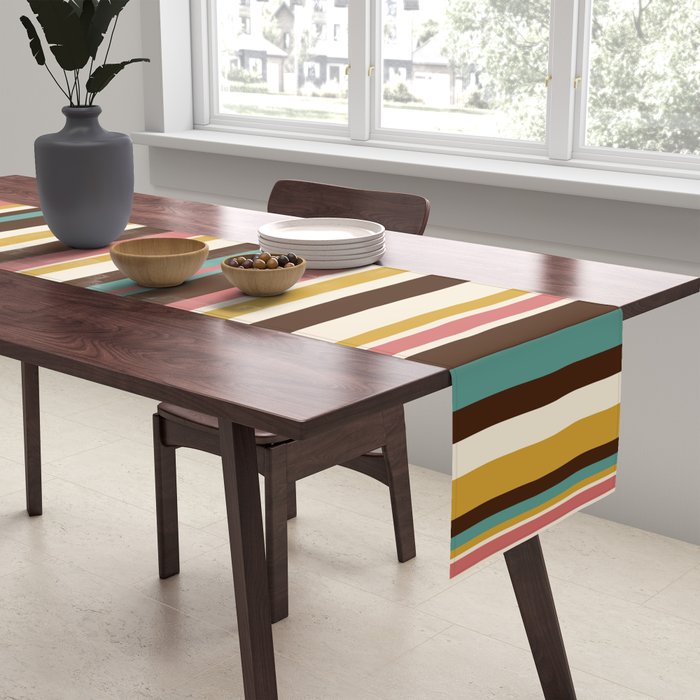 Retro Midcentury Modern Vertical Stripe Pattern Teal Brown Coral Gold Beige Table Runner Gallery Image 2