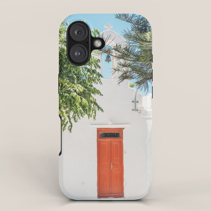 Orange Door in White Building in Greece - Summer Travel iPhone Case Gallery Image 1