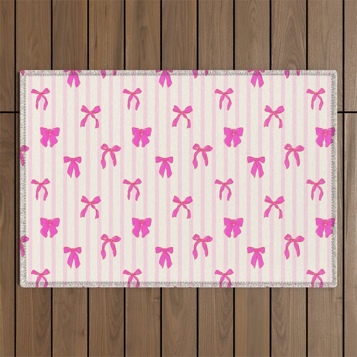 Classic Hot Pink Bows And Stripes Outdoor Rug Gallery Image 1