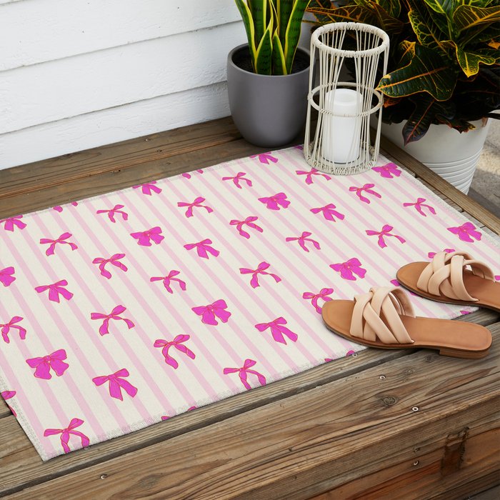 Classic Hot Pink Bows And Stripes Outdoor Rug Gallery Image 2