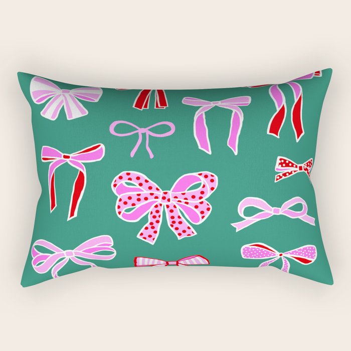 Festive Pink and Red Christmas Ribbons and Bows hand drawn Collection on Green Rectangular Pillow Gallery Image 2