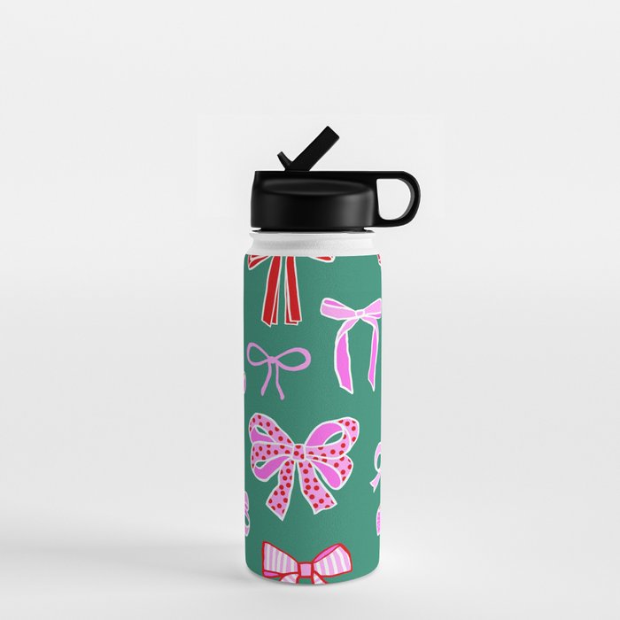 Festive Pink and Red Christmas Ribbons and Bows hand drawn Collection on Green Water Bottle Gallery Image 1