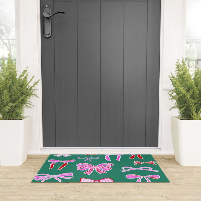 Festive Pink and Red Christmas Ribbons and Bows hand drawn Collection on Green Welcome Mat Gallery Image 3