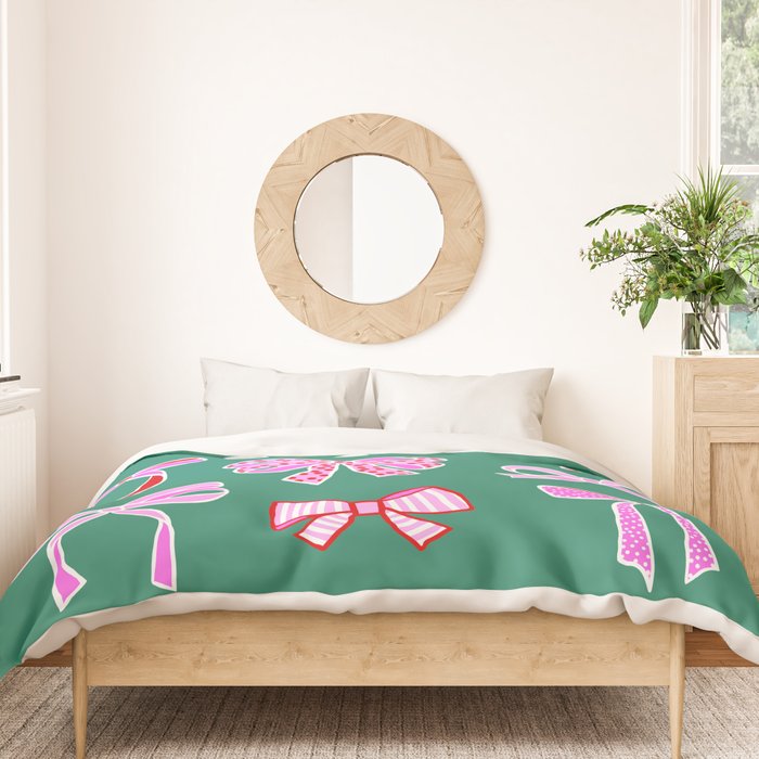 Festive Pink and Red Christmas Ribbons and Bows hand drawn Collection on Green Duvet Cover Gallery Image 3