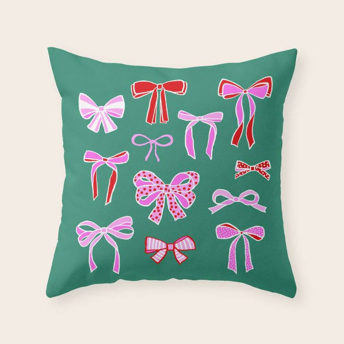 Festive Pink and Red Christmas Ribbons and Bows hand drawn Collection on Green Throw Pillow Gallery Image 6