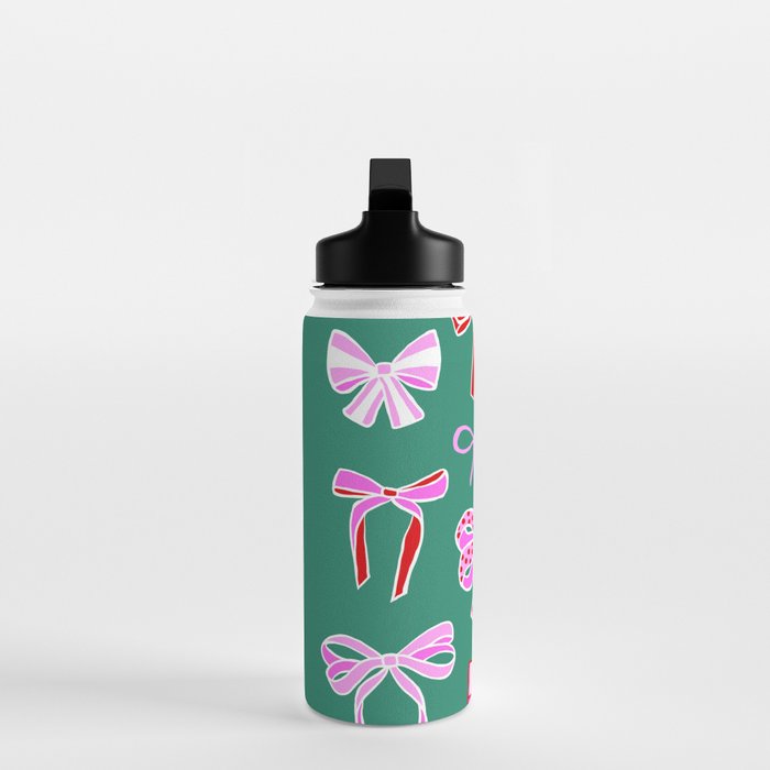 Festive Pink and Red Christmas Ribbons and Bows hand drawn Collection on Green Water Bottle Gallery Image 3